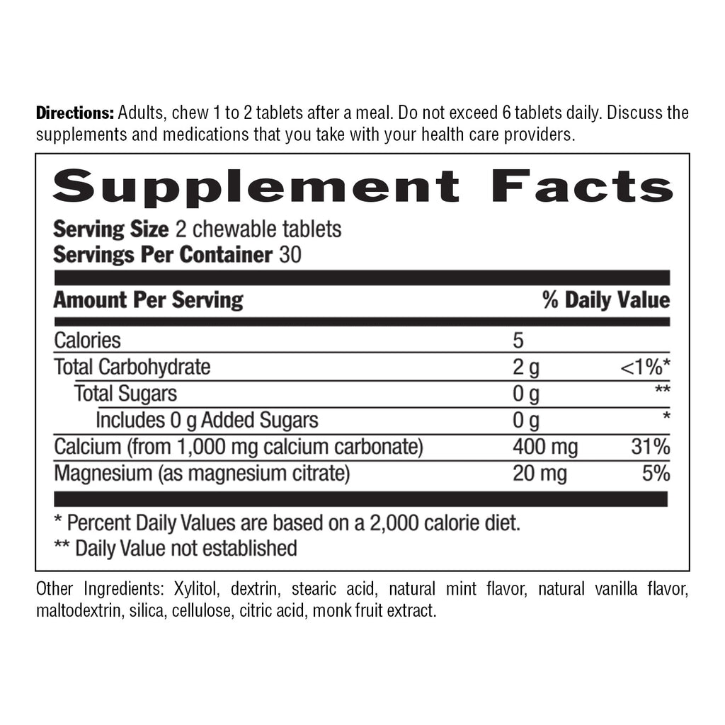 Supplement facts label for chewable tablets with detailed nutritional information.