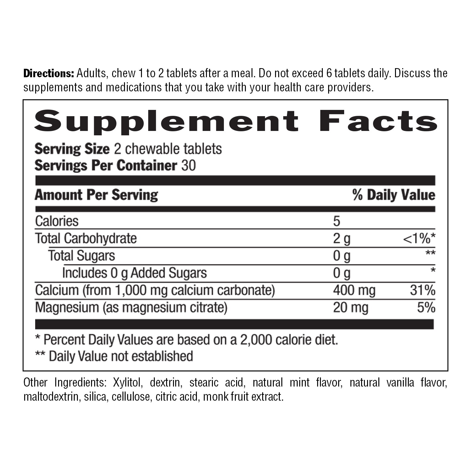 Supplement facts label for chewable tablets with detailed nutritional information. media carousel view 5