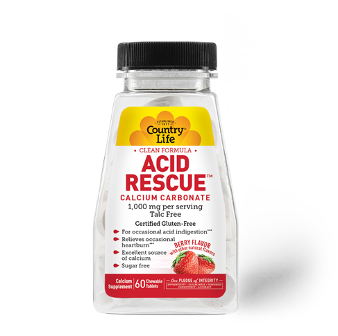 Bottle of Country Life Acid Rescue Calcium Carbonate in Berry Flavor, with label indicating 1000 mg per serving, 60 tablets, and certifications such as gluten-free, non-GMO, and sugar-free.