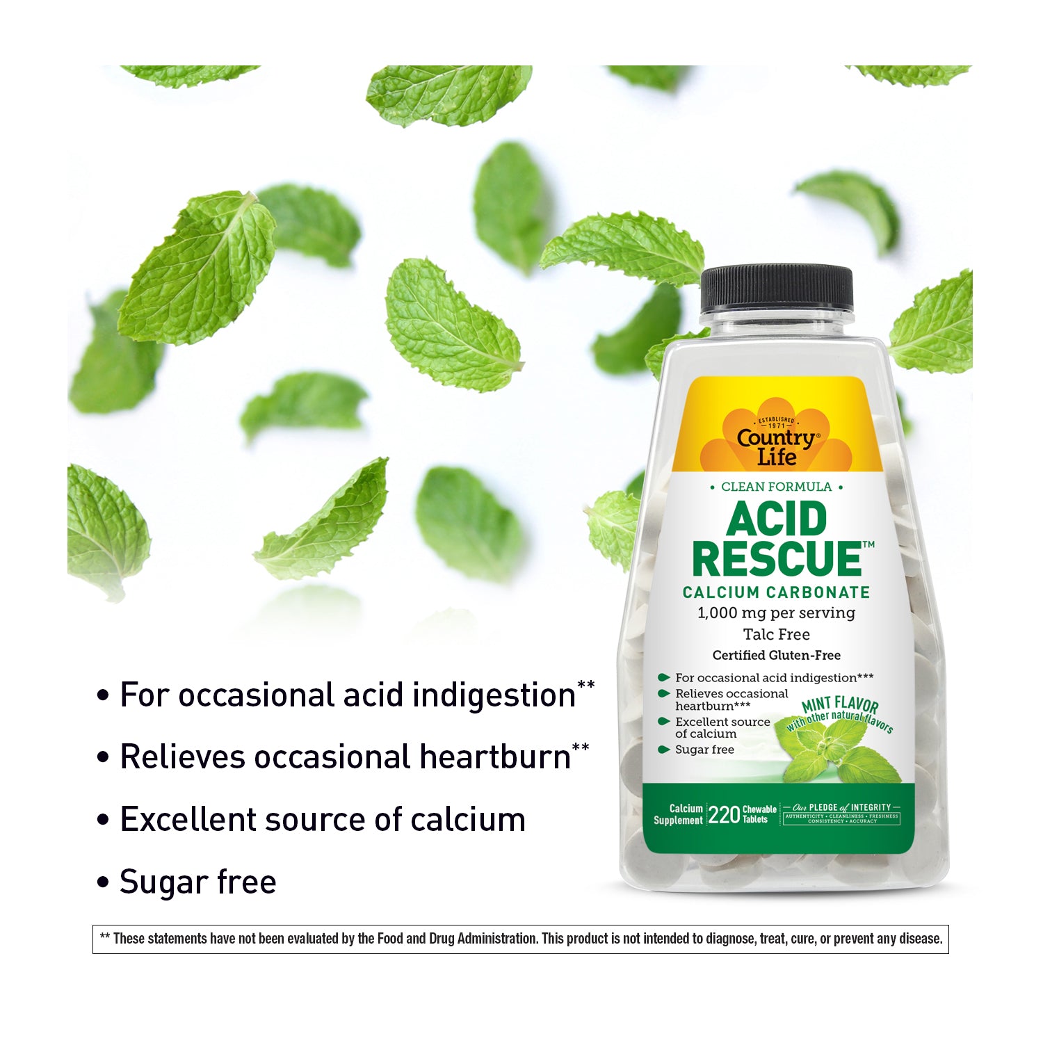 Bottle of Country Life Acid Rescue supplement with mint leaves on a white background media carousel view 8