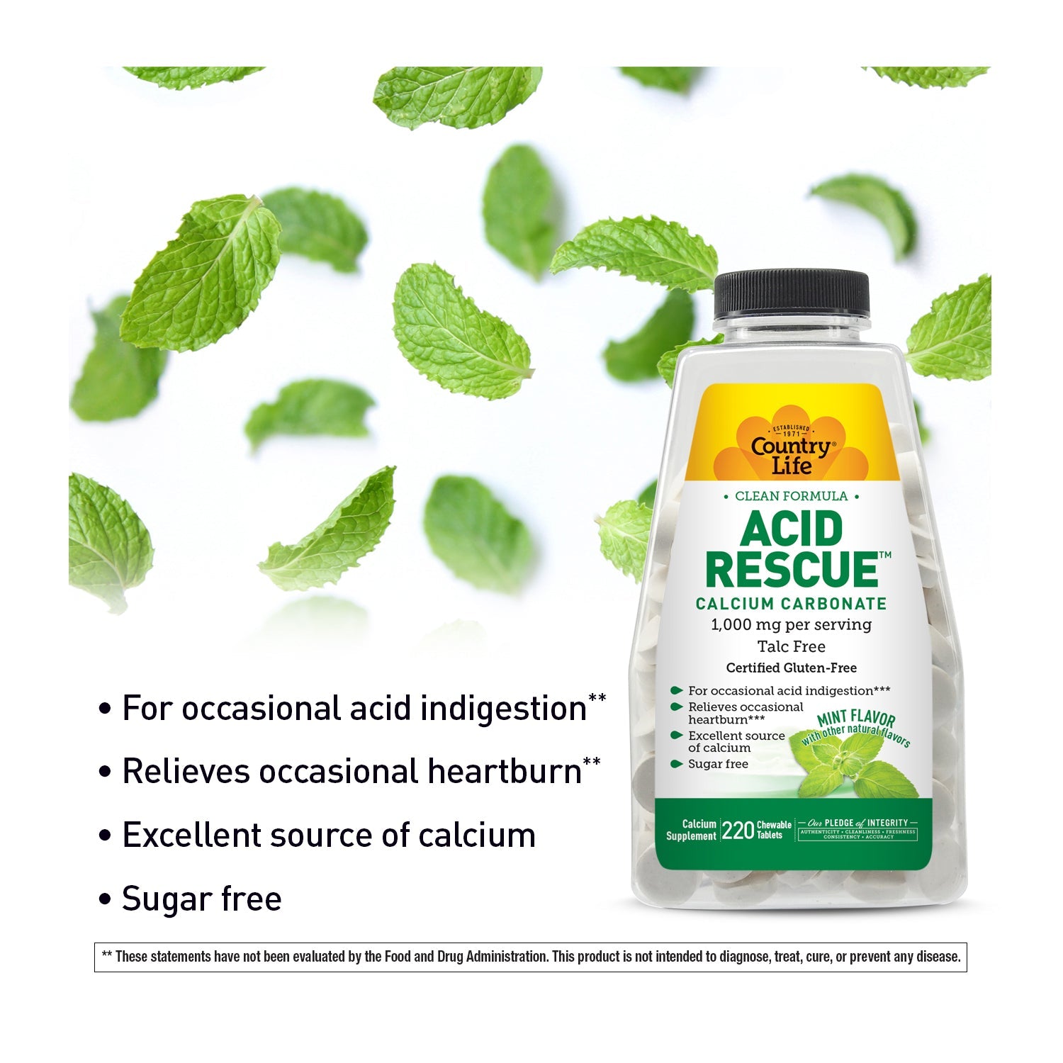 Bottle of Country Life Acid Rescue supplement with mint leaves on a white background