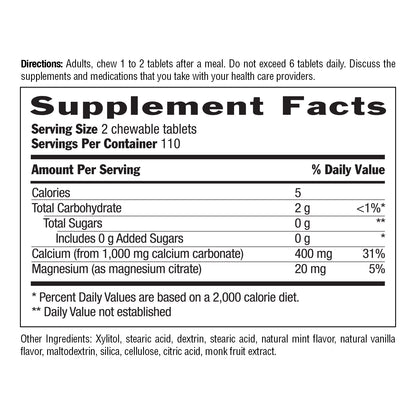 Supplement facts label for chewable tablets with detailed nutritional information.
