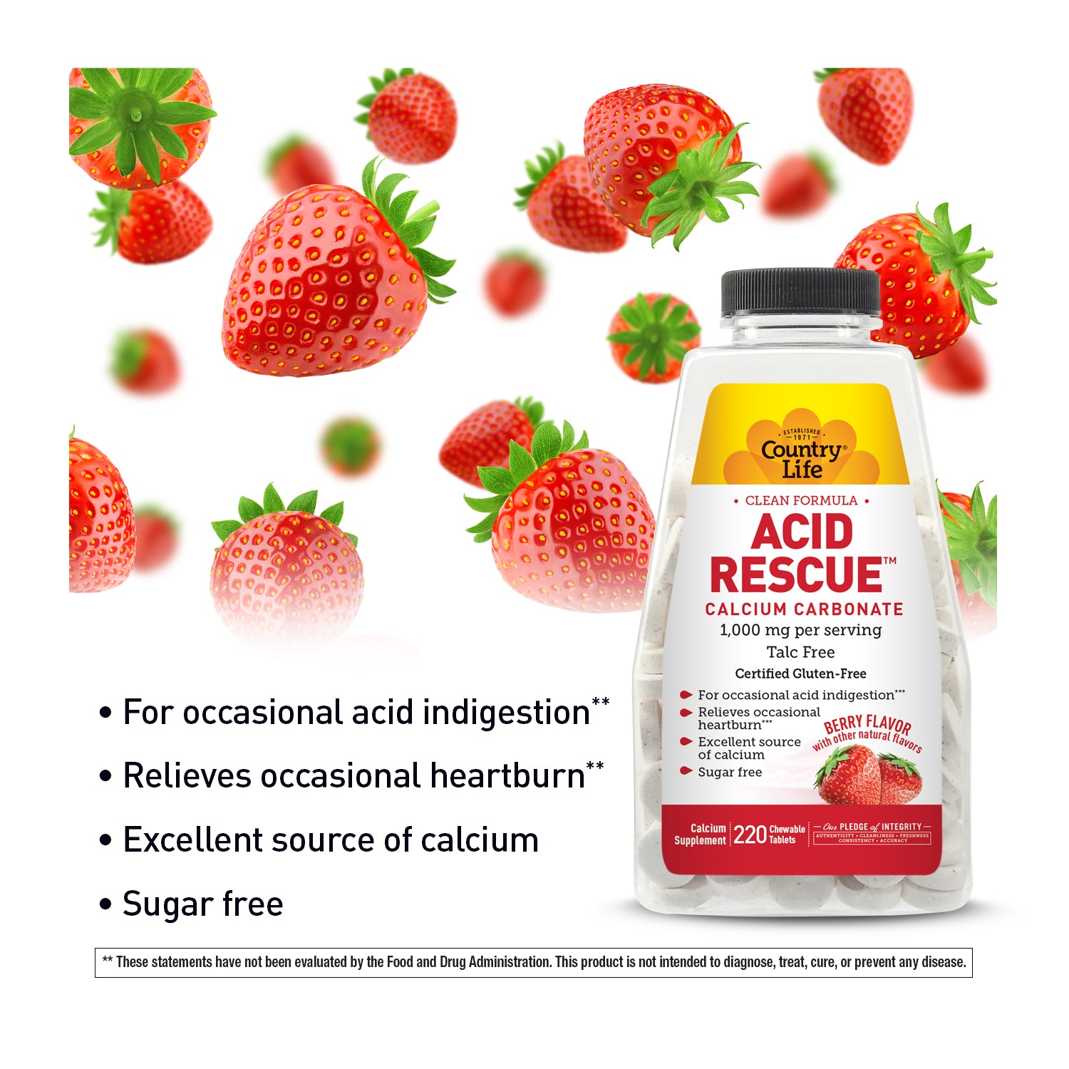 Country Life Acid Rescue supplement bottle with strawberries on a white background
