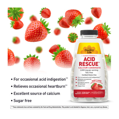Country Life Acid Rescue supplement bottle with strawberries on a white background
