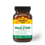 A bottle of Country Life Maxi-Zyme, a vegan dietary supplement with a label indicating it's for digestive health support, with a disclaimer stating it's gluten-free.