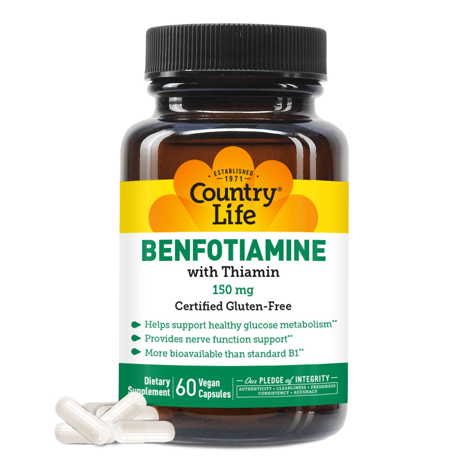 Benfotiamine with Thiamin 150 mg certified gluten-free - helps support healthy glucose metabolism. provides nerve function support. more bioavailable than standard b1.