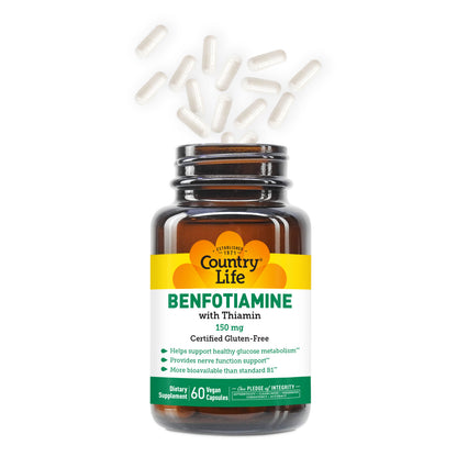 Benfotiamine with Thiamin 150 mg certified gluten-free - helps support healthy glucose metabolism. provides nerve function support. more bioavailable than standard b1.