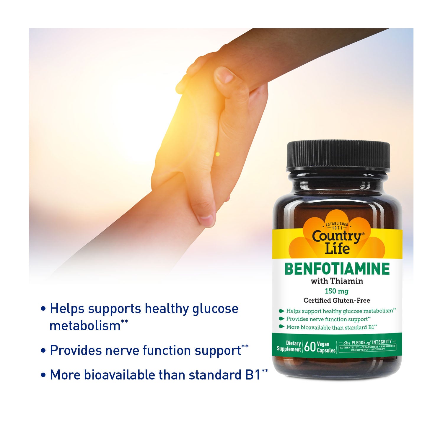 Benfotiamine with Thiamin 150 mg certified gluten-free - helps support healthy glucose metabolism. provides nerve function support. more bioavailable than standard b1. media carousel view 4