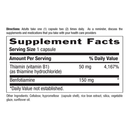 supplements facts - serving size 1 capsule - 50 mg thiamin (vitamin b1)(as thiamine hydrochloride). 150 mg benfotiamine.