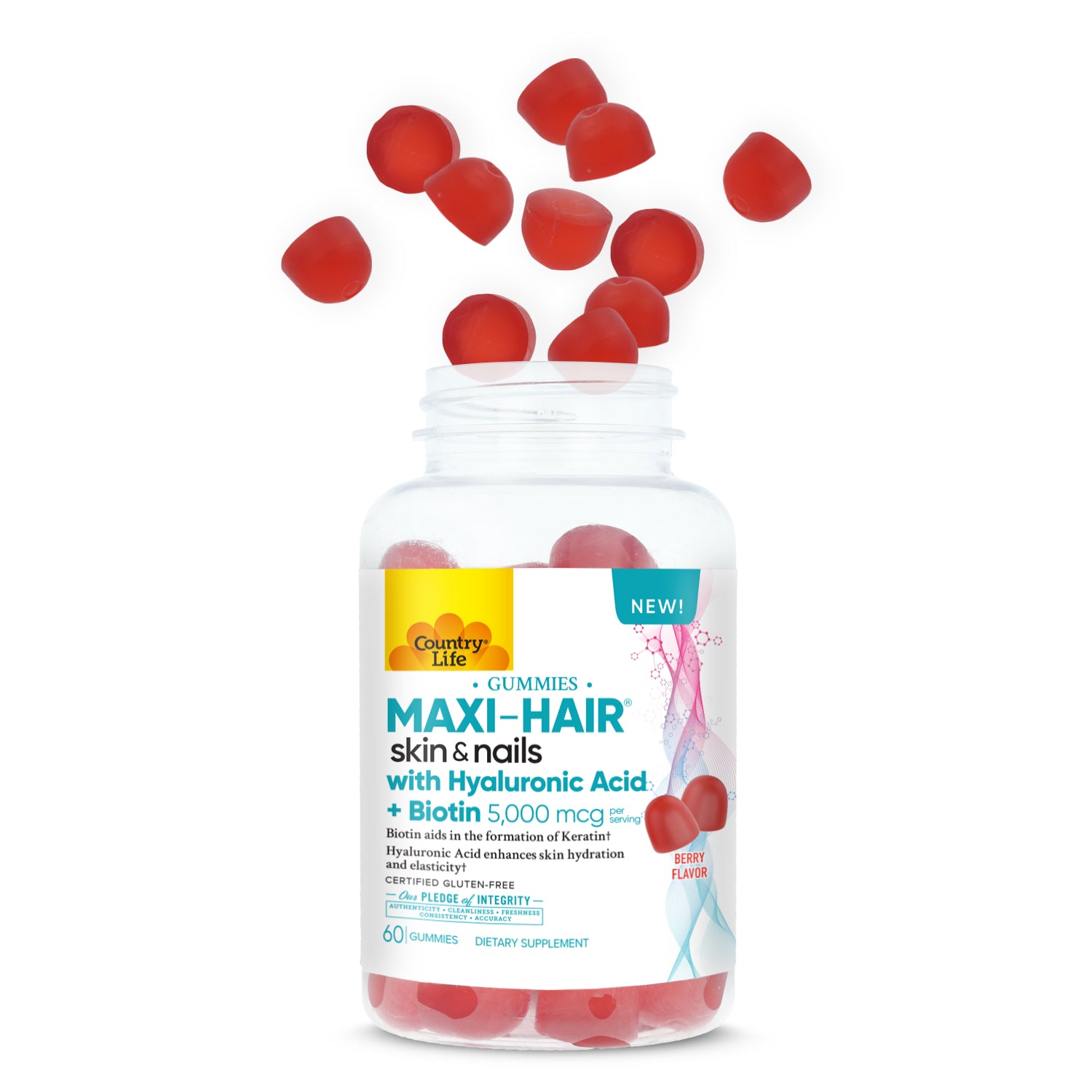 Bottle of Country Life Maxi-Hair gummies with red gummies on a white background