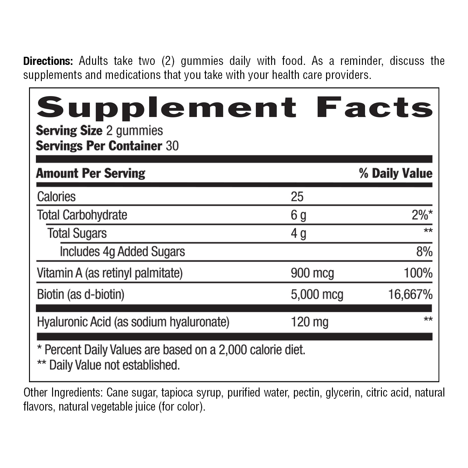 Supplement facts label for gummy vitamins on a white background