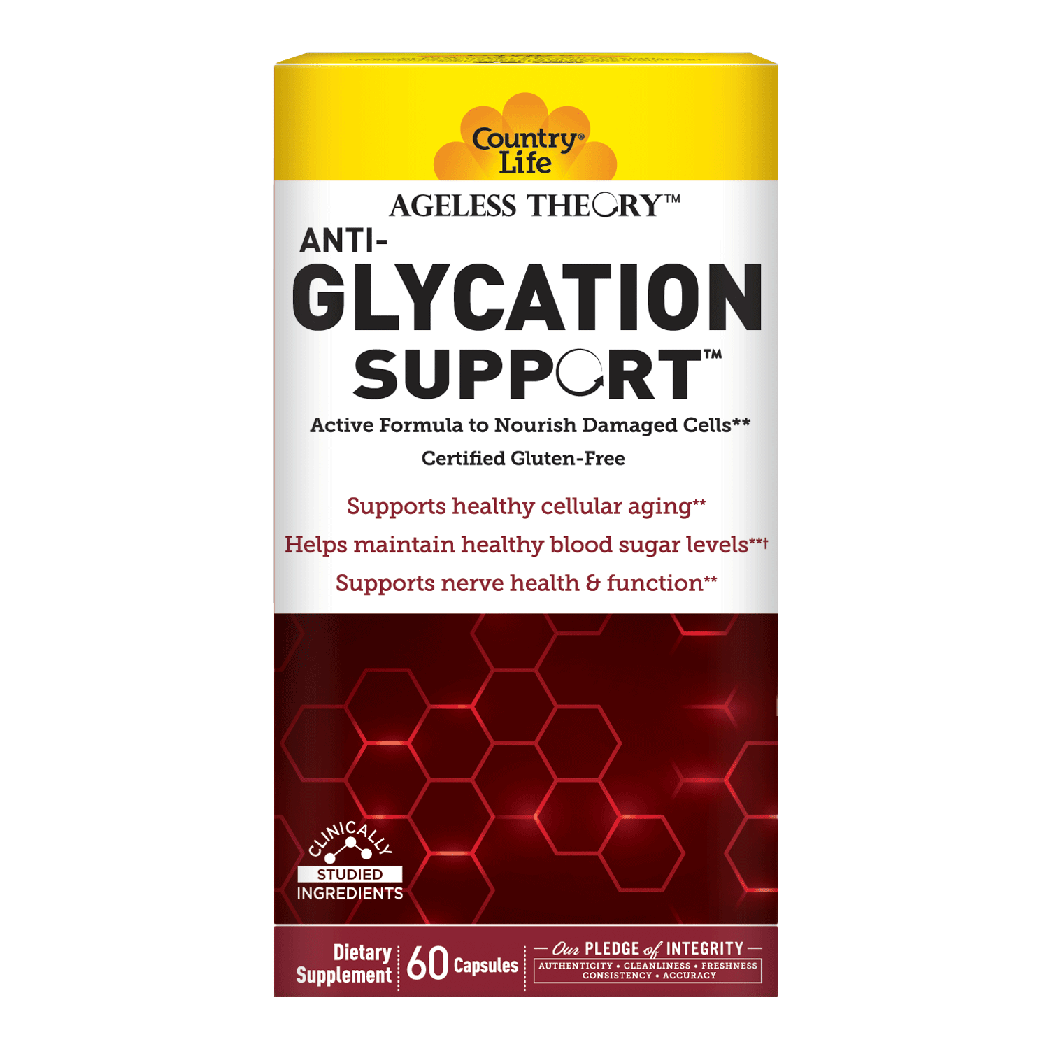 The packaging for the Ageless Theory Antiglycation support product