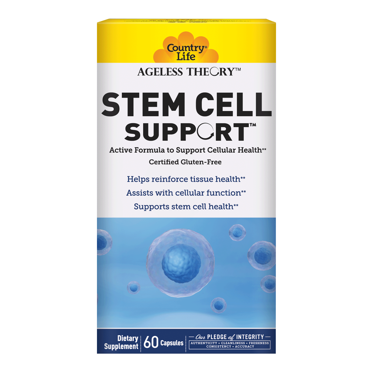 The packaging for the Ageless Theory Stem Cell support product